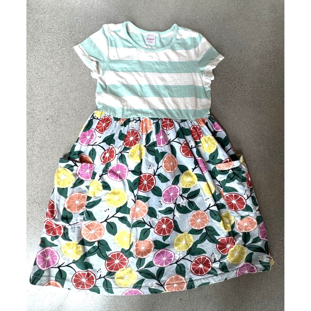 Hanna Andersson Girls Sz 140 / 10 Short Sleeve 100% Cotton Fruit & Stripe Dress